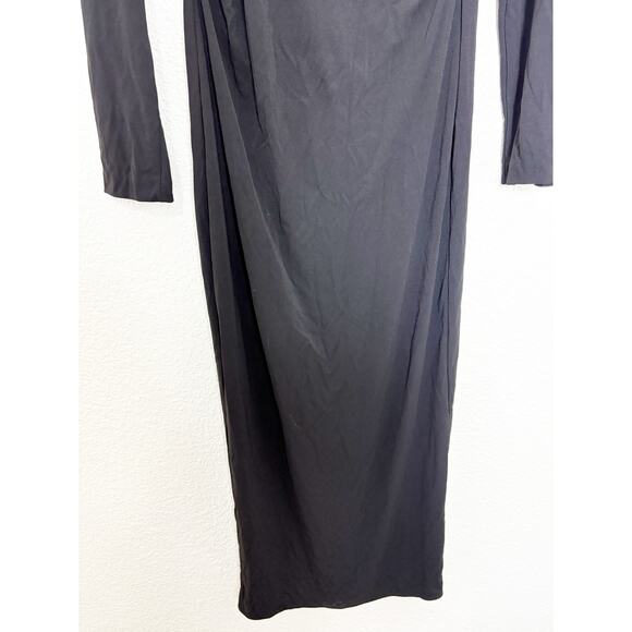 Zara Black Jersey High Neck Midi Dress Size Large Ruched Long Sleeve Minimalist - Picture 8 of 12